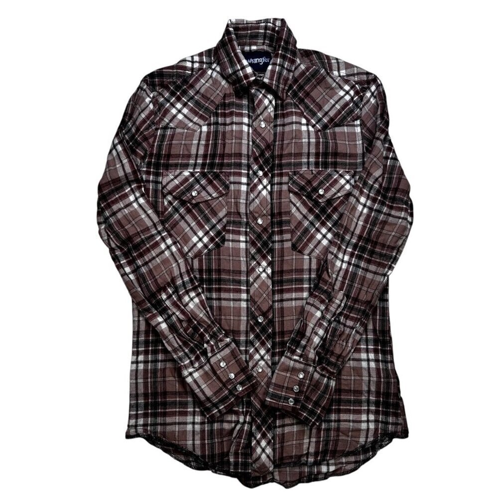 Wrangler Small Pearl Snap Plaid Flannel Brown Western Outdoors Rodeo